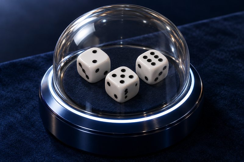 深藍色底座的透明圓罩骰盅裡，三顆白色骰子停在罩內